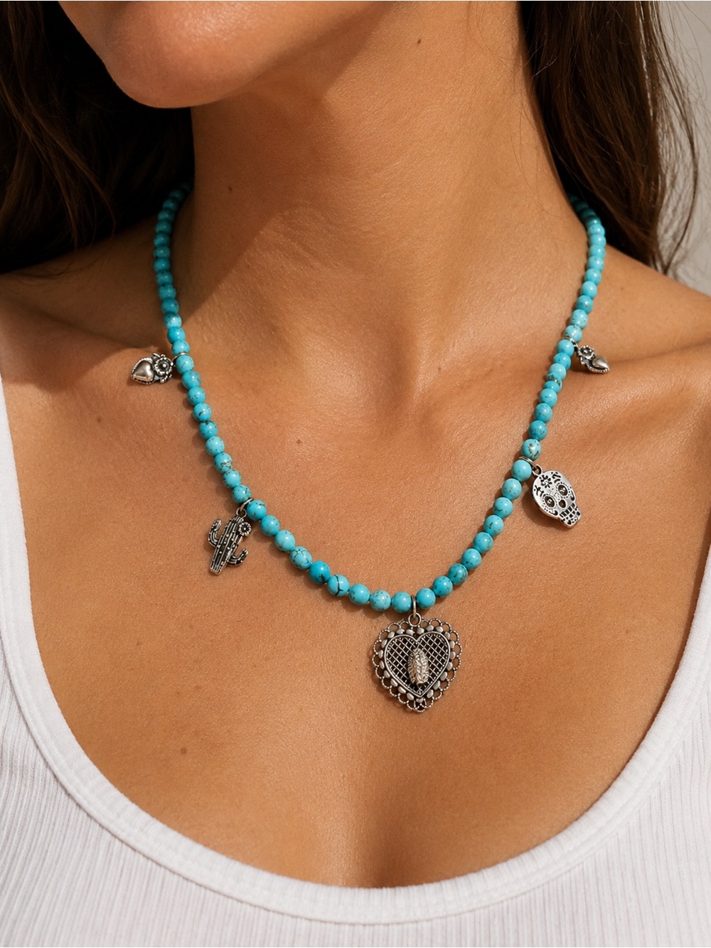 Turquoise Bead Heart Charm Necklace - Women Jewelry
